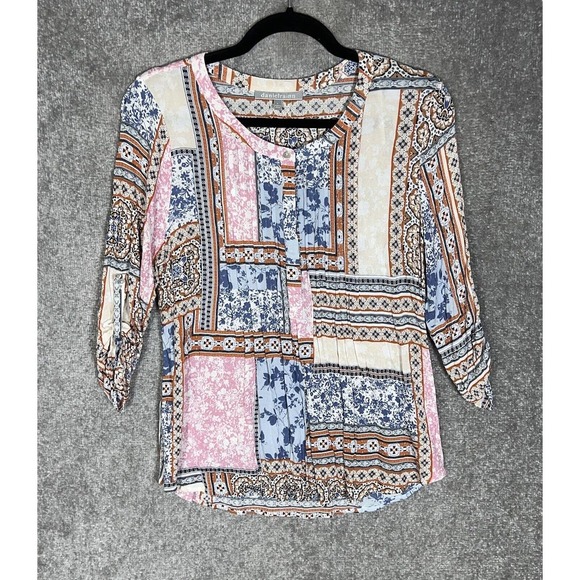 Daniel Rainn 3/4 Roll Tab Sleeve Patchwork Floral Popover Top Womens Size Large - Picture 1 of 7